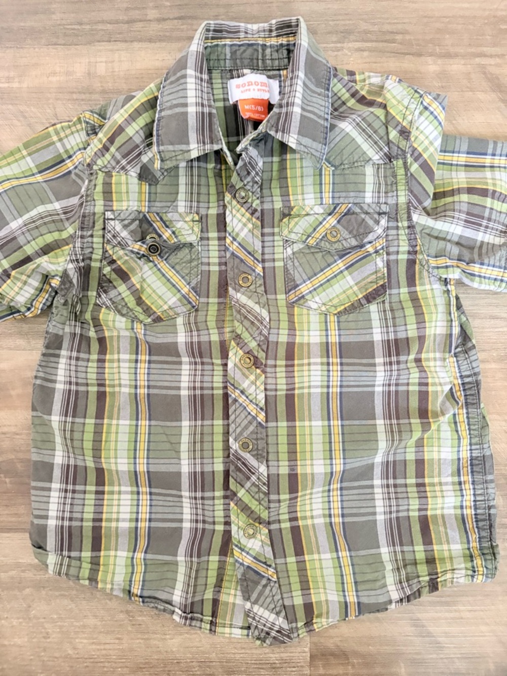 Sonoma Green Plaid Short Sleeve Snap - Front Shirt for Kids